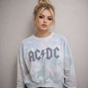 AC/DC Pastel Tie Dye Graphic Crewneck Sweatshirt - Women's XS Rock Bank Pullover